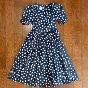 Vintage Laura Ashley Dress Floral Puff Sleeves Pleated Skirt Navy Blue